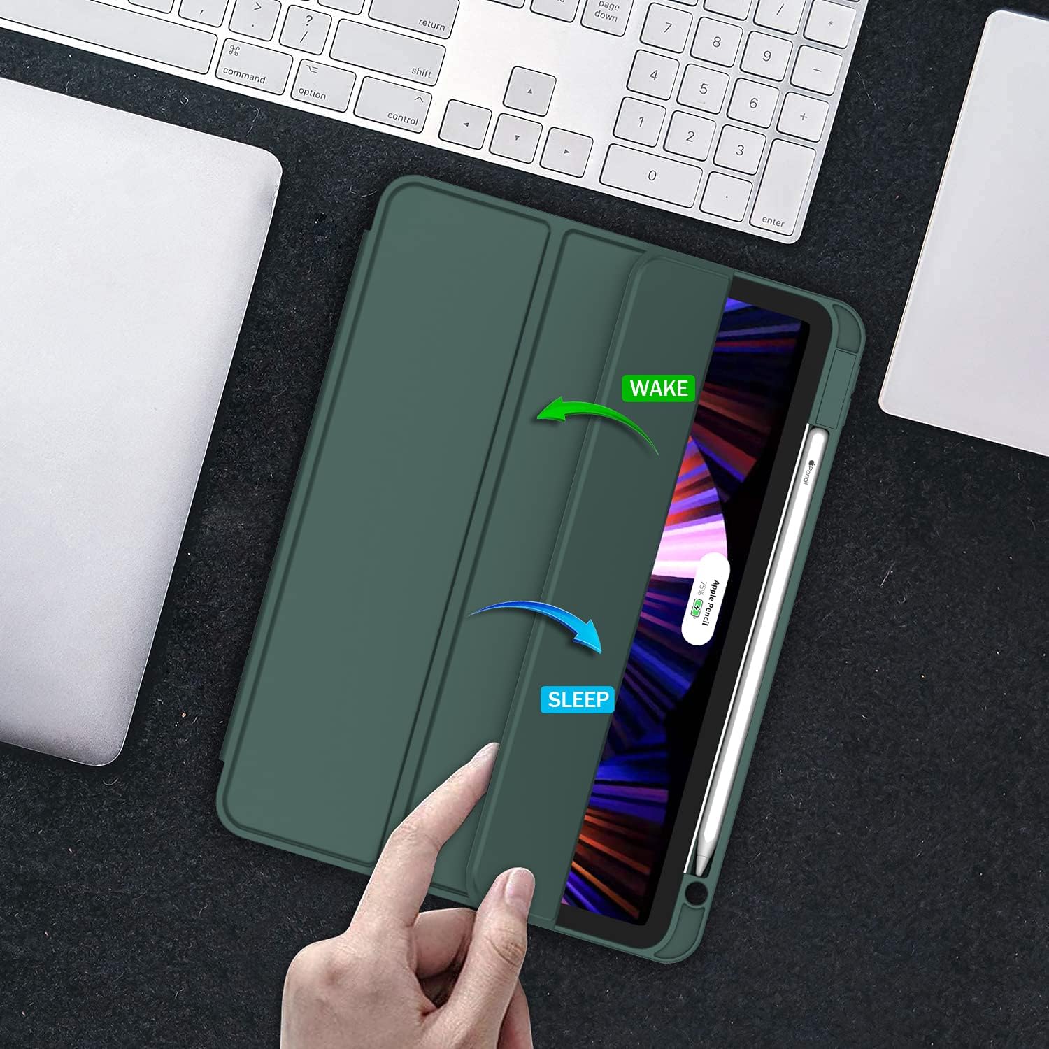 ZryXal New iPad Pro 11 Inch Case 2022(4th Gen)/2021(3rd Gen)/2020(2nd Gen) with Pencil Holder, Smart iPad Case [Support Touch ID and Auto Wake/Sleep] with Auto 2nd Gen Pencil Charging (Midnight Green) - Image 6