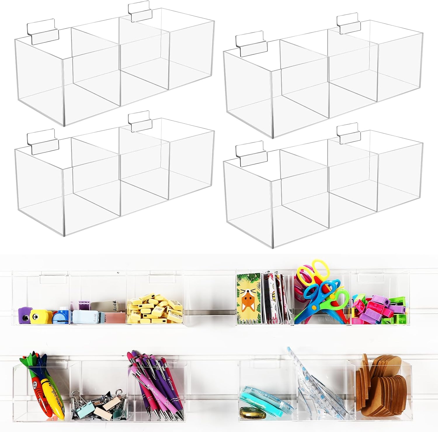 Suzile 4 Pack Clear Slatwall Acrylic Retail Tray 3 Compartment Dump Bin Acrylic Storage Caddy Product Storage Display Tray Slatwall Shelves Organizer for School Business Shop (12.25" W X 5" D X 4" H)
