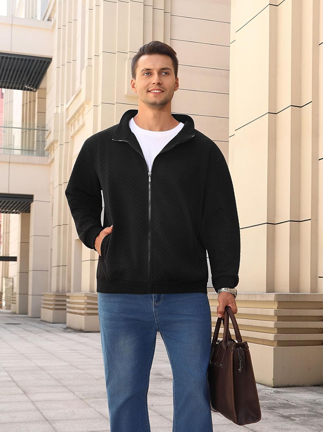 Mens Sweatshirt Full Zip Up Mock Neck Quilted Jacket Sweatshirt for Men Lightweight Casual Sweater with Pocket - Image 5