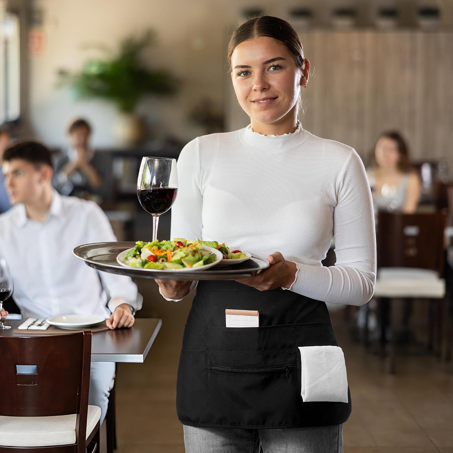 Syntus 7 Pocket Server Apron, Buckle Closure Waist Apron with Zipper Pocket