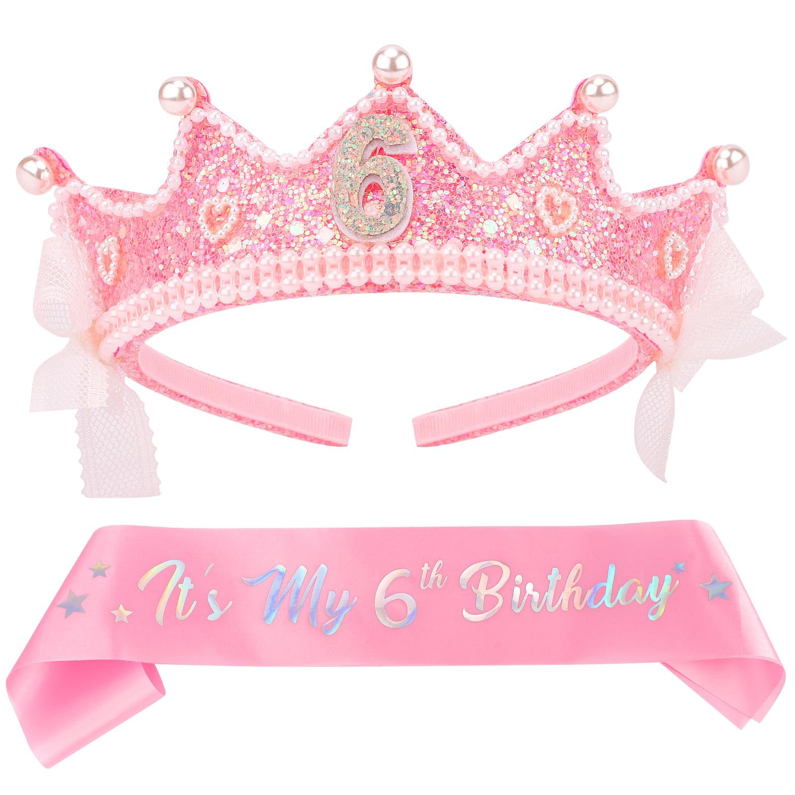Chanaco 6 Year Old Girl Birthday Gift Idea 6th Birthday Crown and Sash Decorations Pink Bow Outfit for Party Favor Princess Tiara Headband Set