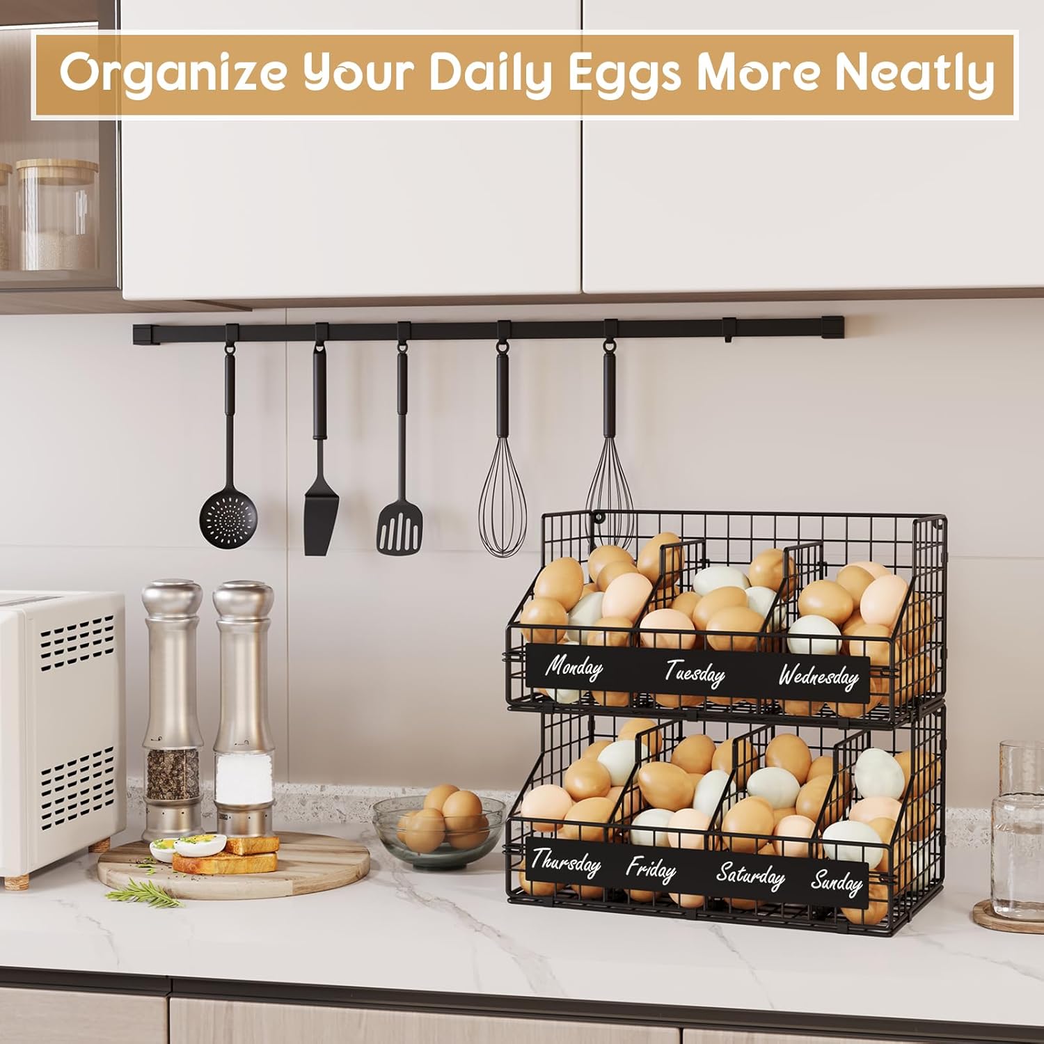 keomaisyto Egg Holder Countertop with 5 Dividers & DIY Labels to Separate Eggs, 2-Tier Stackable Wire Baskets, XXL Egg Basket for Gathering Fresh Eggs - Egg Organizer for Wall-Mounted(Patent Pending)