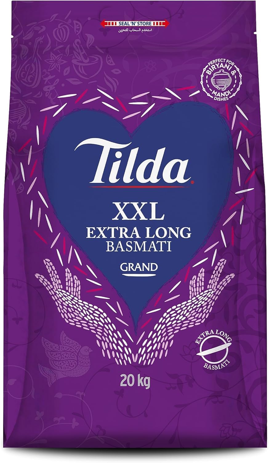 Tilda Grand Basmati ryż 20 kg – bardzo długi ryż Basmati klasy premium, idealny do biryani i polo – idealne ziarna z Himalajów, duże opakowanie na specjalne okazje z naklejką Kajal