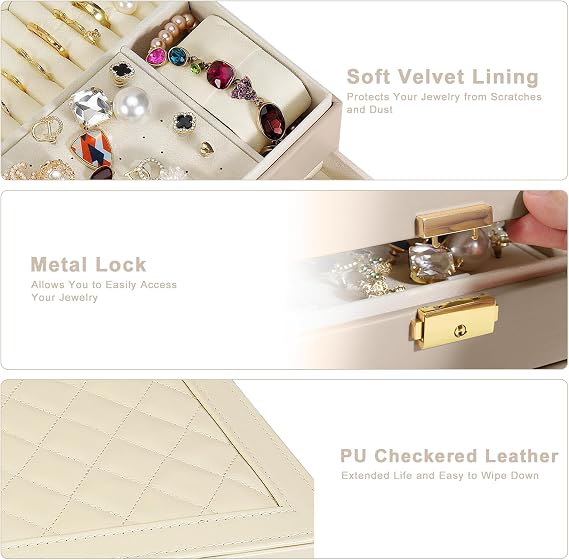 GUOER Jewelry Box for Women Girl Wife - Large PU Leather Jewelry Organizer Storage Case with Two Layers Display for Earrings Bracelets Rings Watches (Apricot)