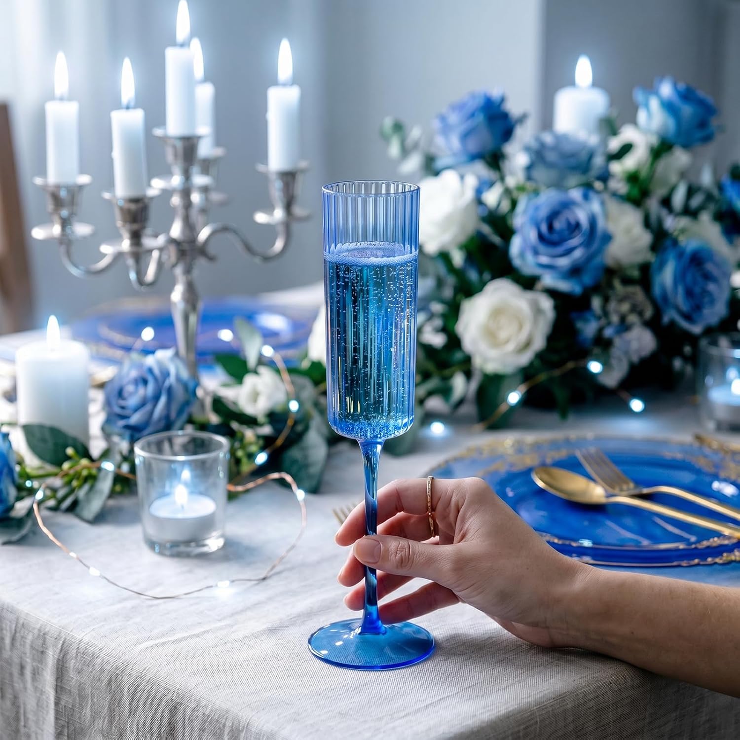 36 Pack Blue Plastic Champagne Flutes - 6oz Clear Ribbed Disposable Champagne Glasses - Vintage Mimosa Glasses with Long Stem - Elegant Sparkling Wine Stemware for Wedding, Party, Summer