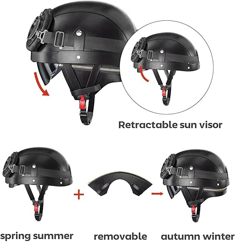 Miniatura 5 de Casco de motocicleta de estilo alemán, aprobado por DOT, de cuero, vintage, novedoso, medio casco para motocicleta con gafasvisera, forro