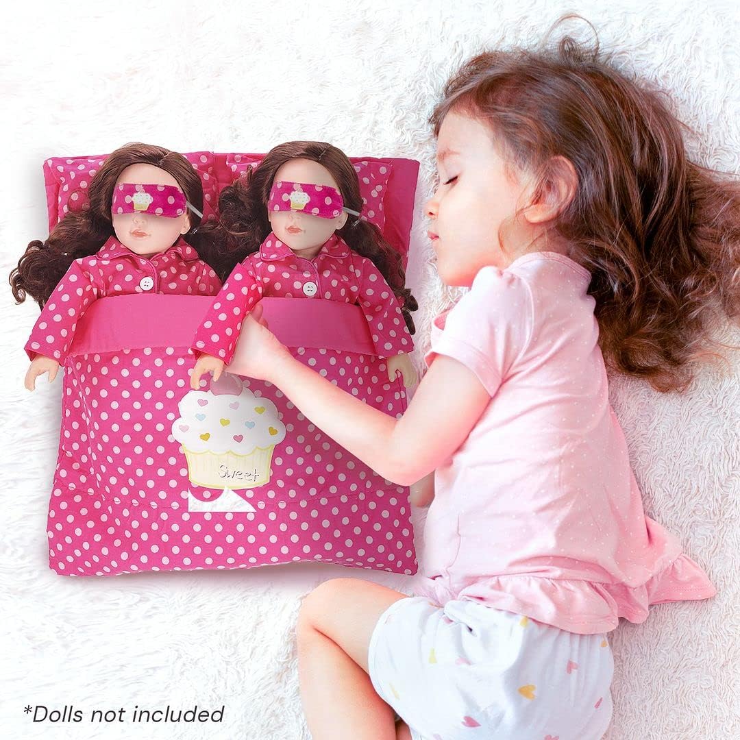Beverly Hills Doll Collection Doll Accessories Reversible Twin Sleeping Bag with Attached Pillows - Double Bedding Set for Twin Dolls Sleepover and Slumber Party - Compatible with 18" Girl Dolls