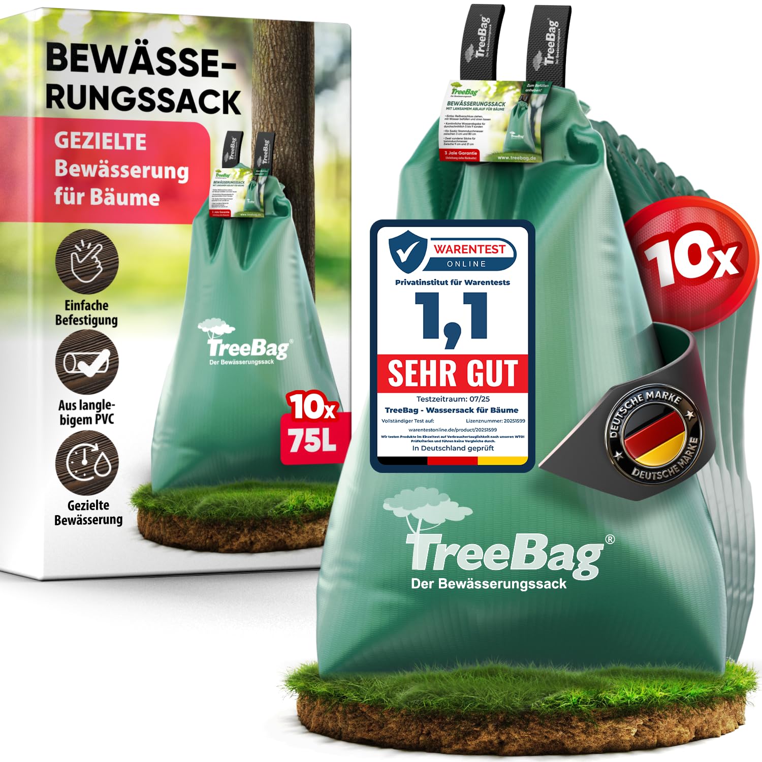 treebag PVC Bewässerungssack, Bewässerungsbeutel/Wassersack/Bewässerungssystem für Bäume, uv-stabile und verstärkte Glatte Polyvinylchloridfolie, 92x86 cm, ca. 75l, Farbe: Grün