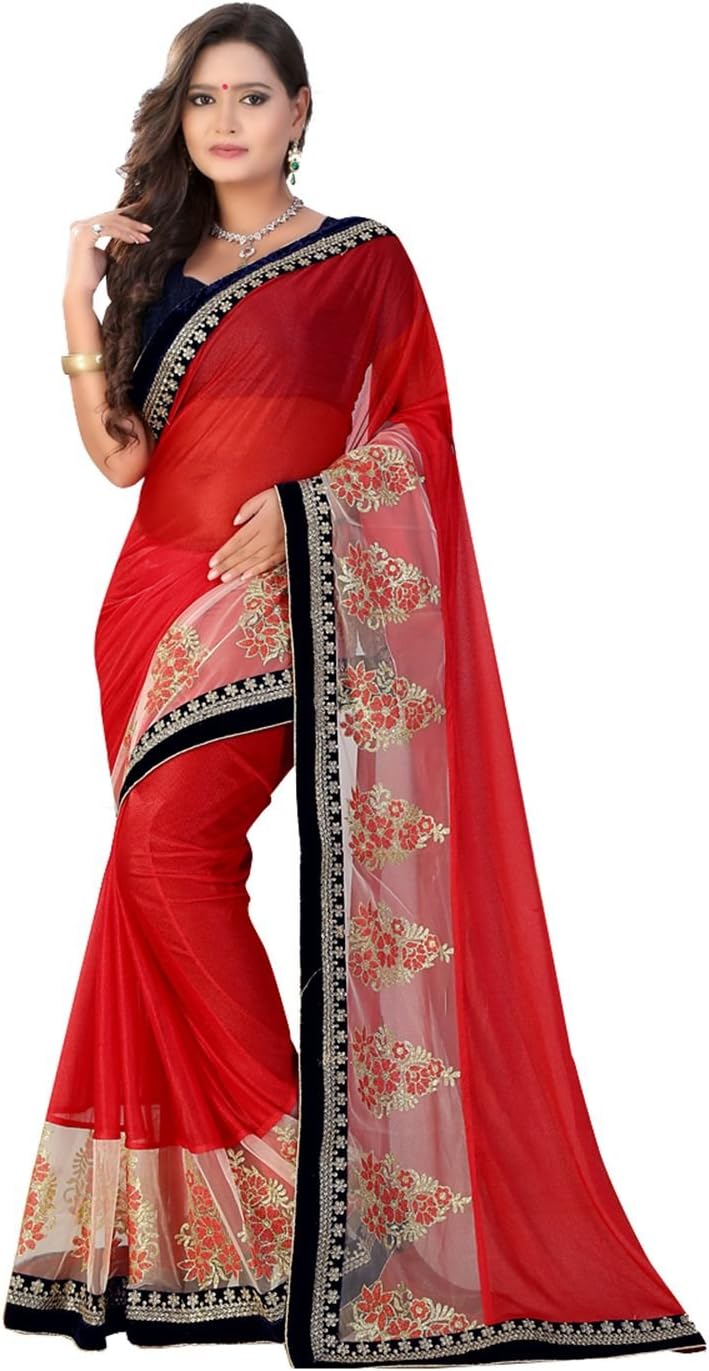 IndianTrends Exclusive Designer Ethnic Red Lycra Net Saree Sari 3384-26725
