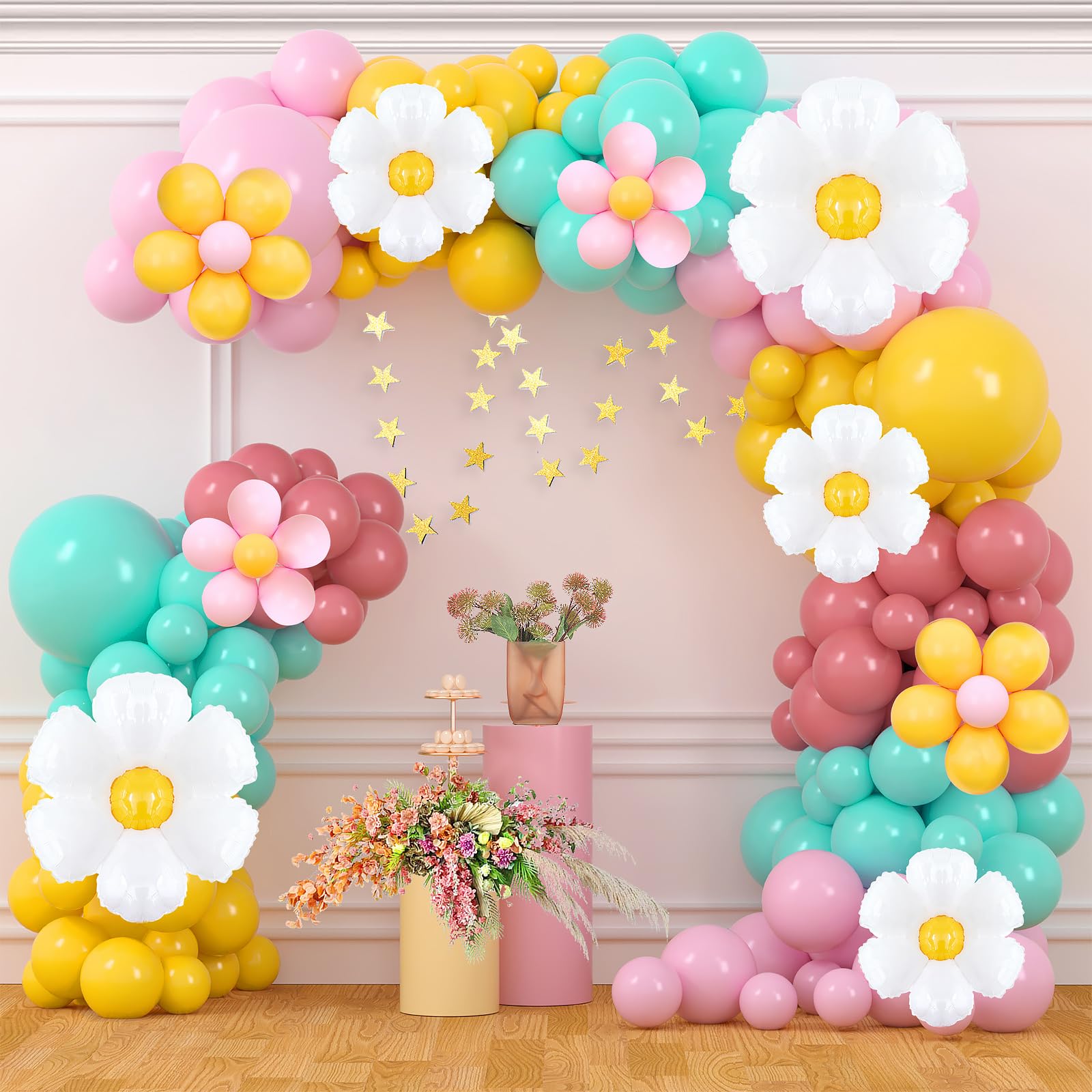Groovy Balloon Arch Kit Double Stuffed Daisy Balloon Garland for Flower Birthday Baby Bridal Shower Wedding Decorations Party Supplies