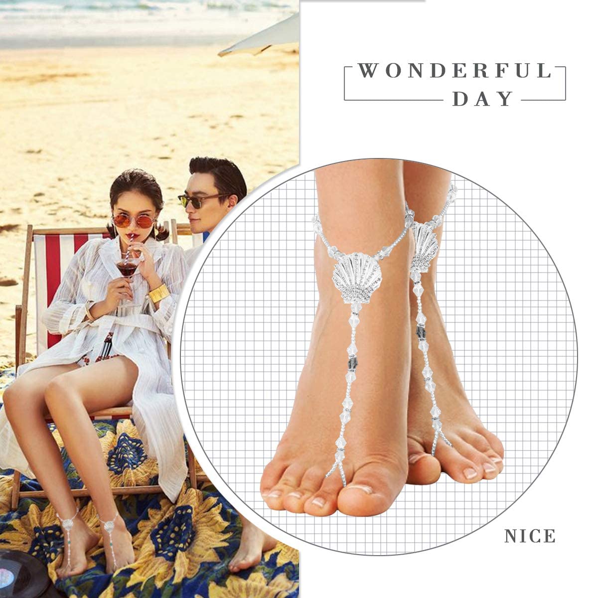 2 Pairs Barefoot Sandals- Beach Anklet Chain with Starfish for Women Lady's Beach Wedding Foot Jewelry Party Accessories: Seastar + Scallop