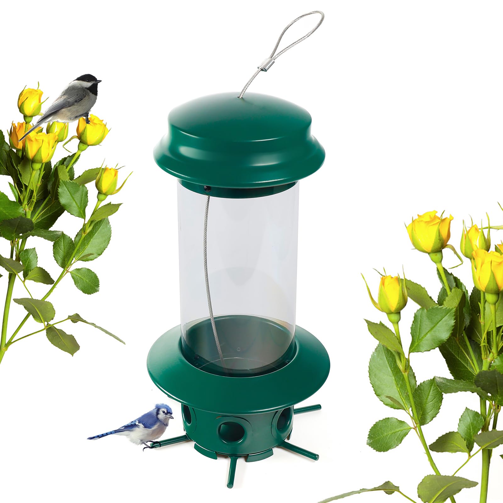 Nature's Rhythm Hängender klassischer Rohr-Futterspender für Wildvögel, Premium-Hartplastik, Stahlaufhänger, wetterfest und wasserabweisend