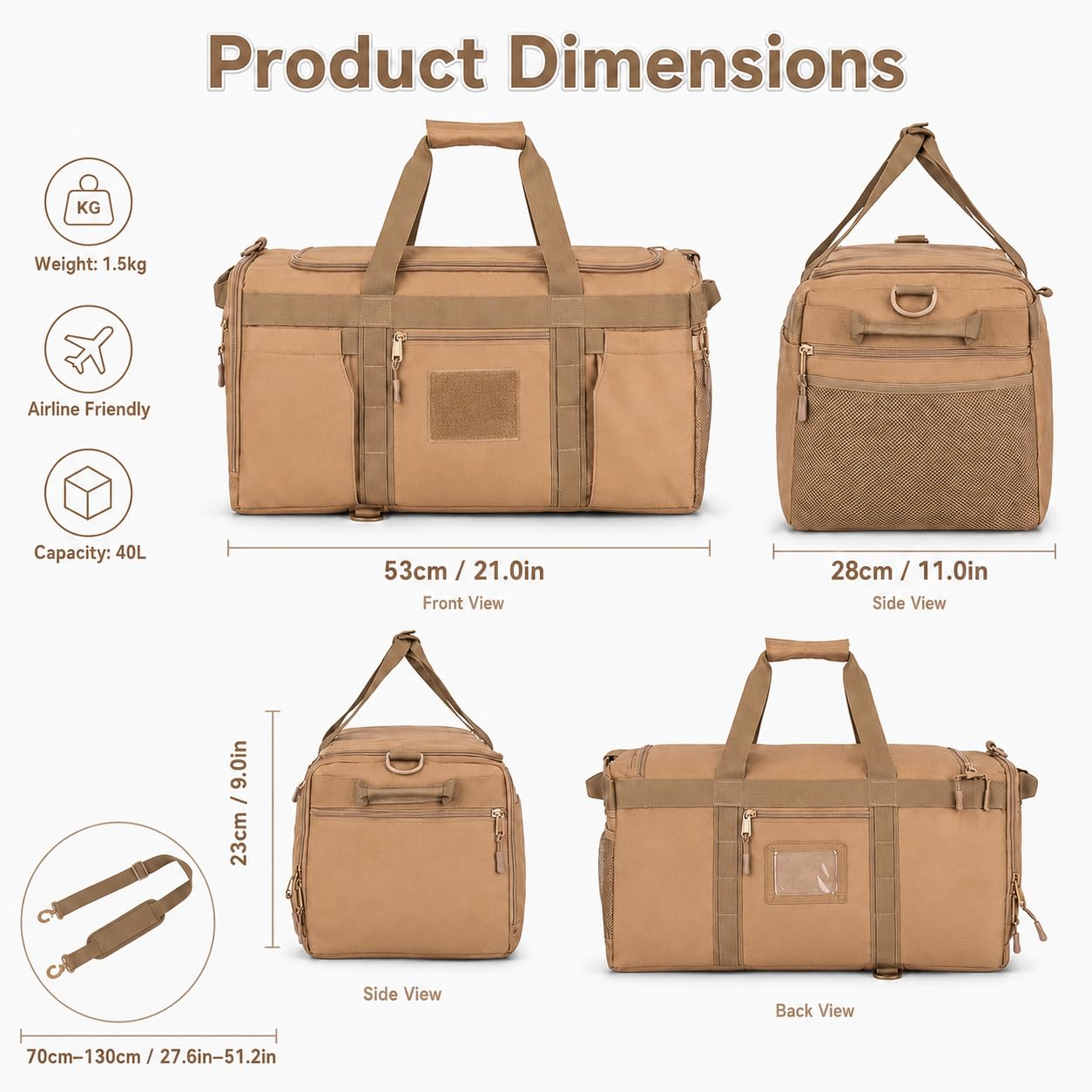 Taktische Reisetasche mit Schuhfach und MOLLE-Gurtband, multifunktionaler Sport-Turnbeutel für Männer und Frauen, 60 l Reise-Übernachtungs-Rucksack für die Arbeit, Khaki, Seesack