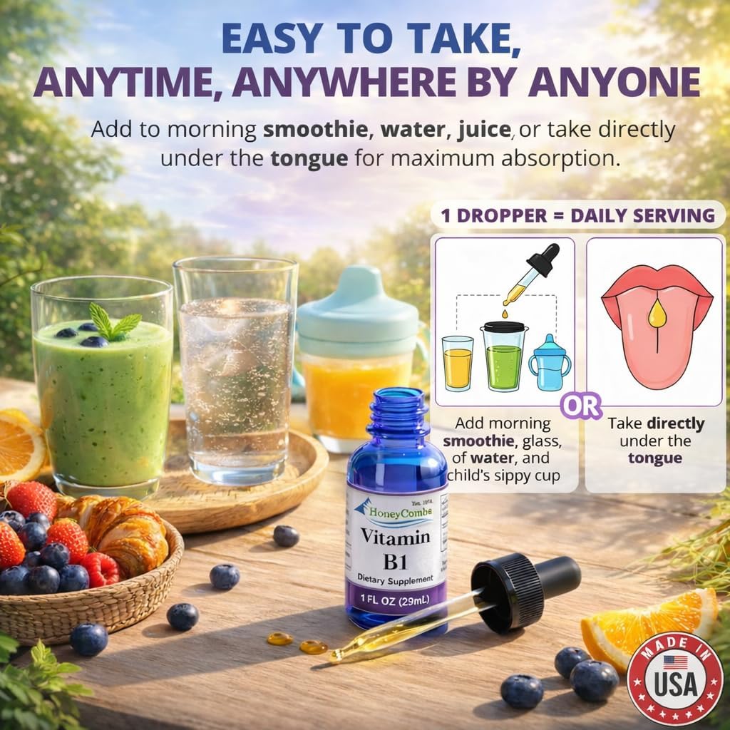 HoneyCombs Vitamin B1 Thiamine Liquid Drops for Adults and Kids, High Potency B1 Vitamin Supplement, Vegan Vitamina B1 Formula, Thiamine B1 Supplement Made in USA