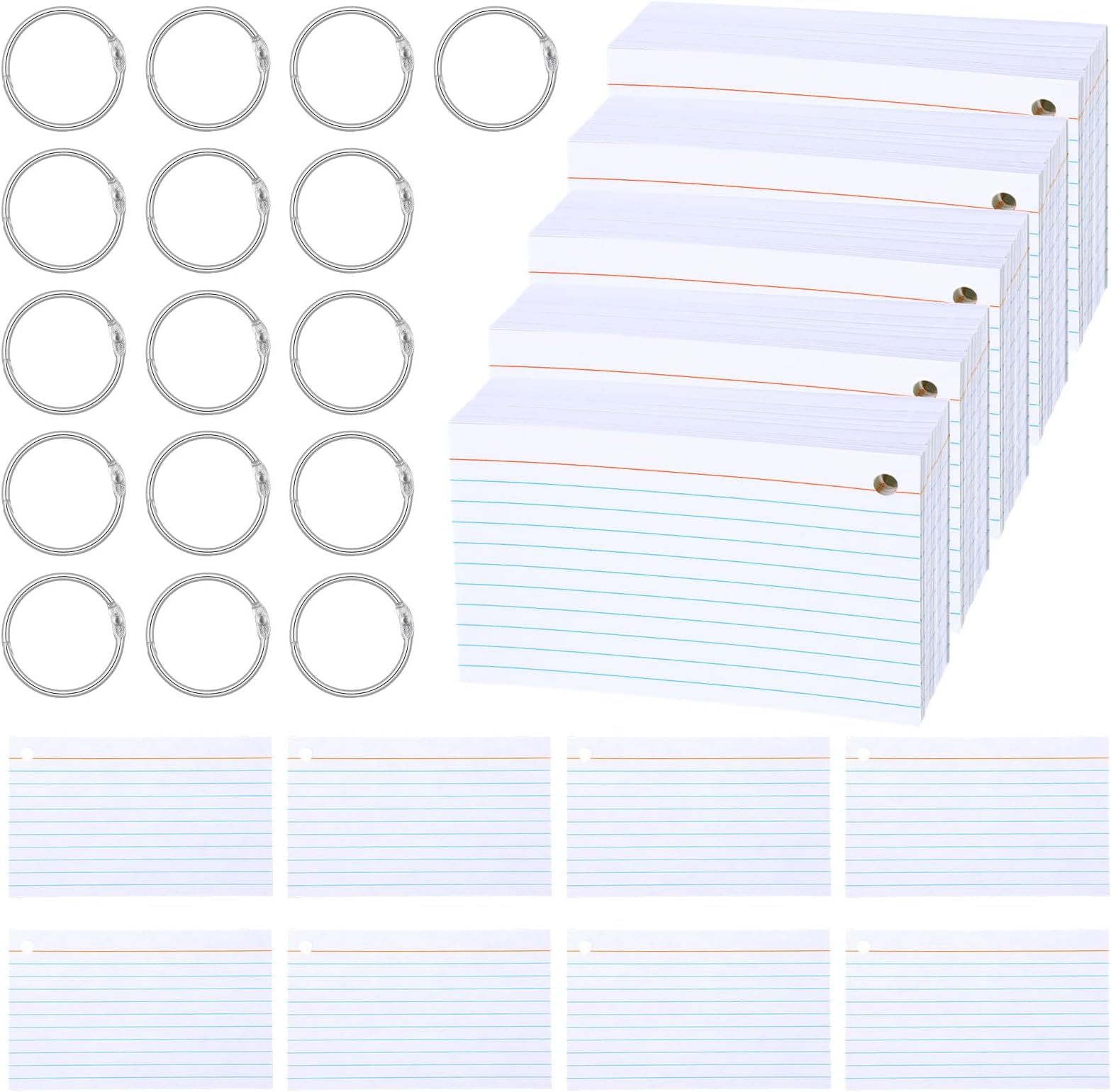 1000 Count Index Cards with Ring, 3x5 Inch Ruled Flash Cards, White Index Card with 16 Metal Rings, Heavyweight Study Note Card for Office Exam Organization