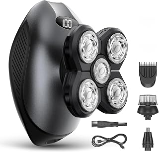 WEQOEE 5-in-1 Electric Razor for Men: Cordless Wet/Dry Head, Body & Groin Shaver with 5D Rotary Blades, Trimmers & Brushes (Gray)