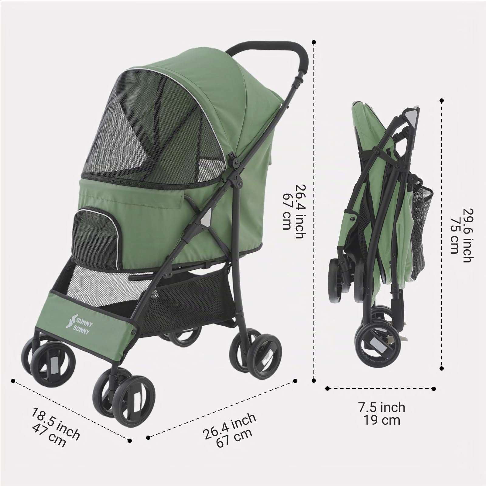 Sunny Sonny Cochecito de Mascotas para Perros y Gatos Pequeños/Medianos hasta 15 kg, Plegable Portátil con Ruedas Giratorias, Cubierta Antilluvia, Cesta, Cremallera y Diseño Seguro (Verde)