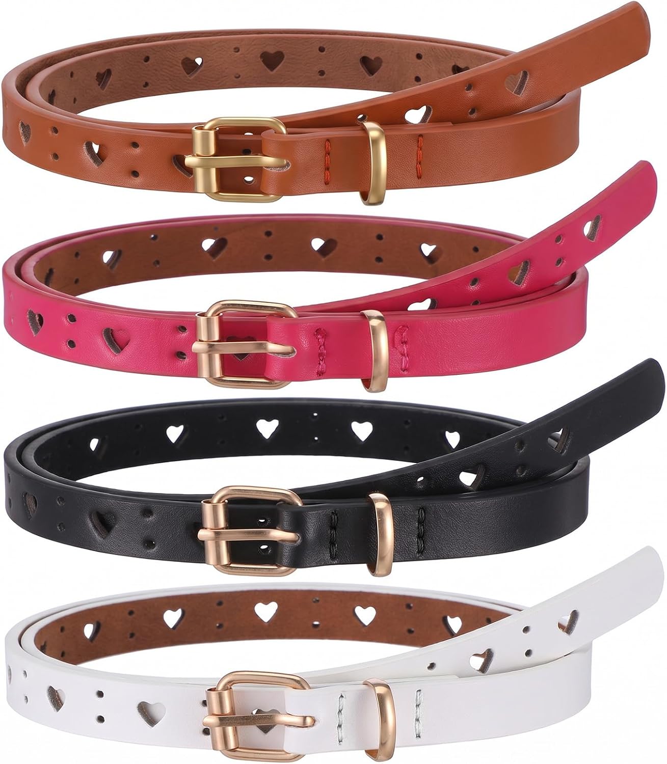 8 Pcs Kids Belt for Girls Durable PU Leather Belts 4 Color Metal Buckle Hollow Heart Circle Hole Design Youth Belt for Uniform Casual Dress Pants Jean