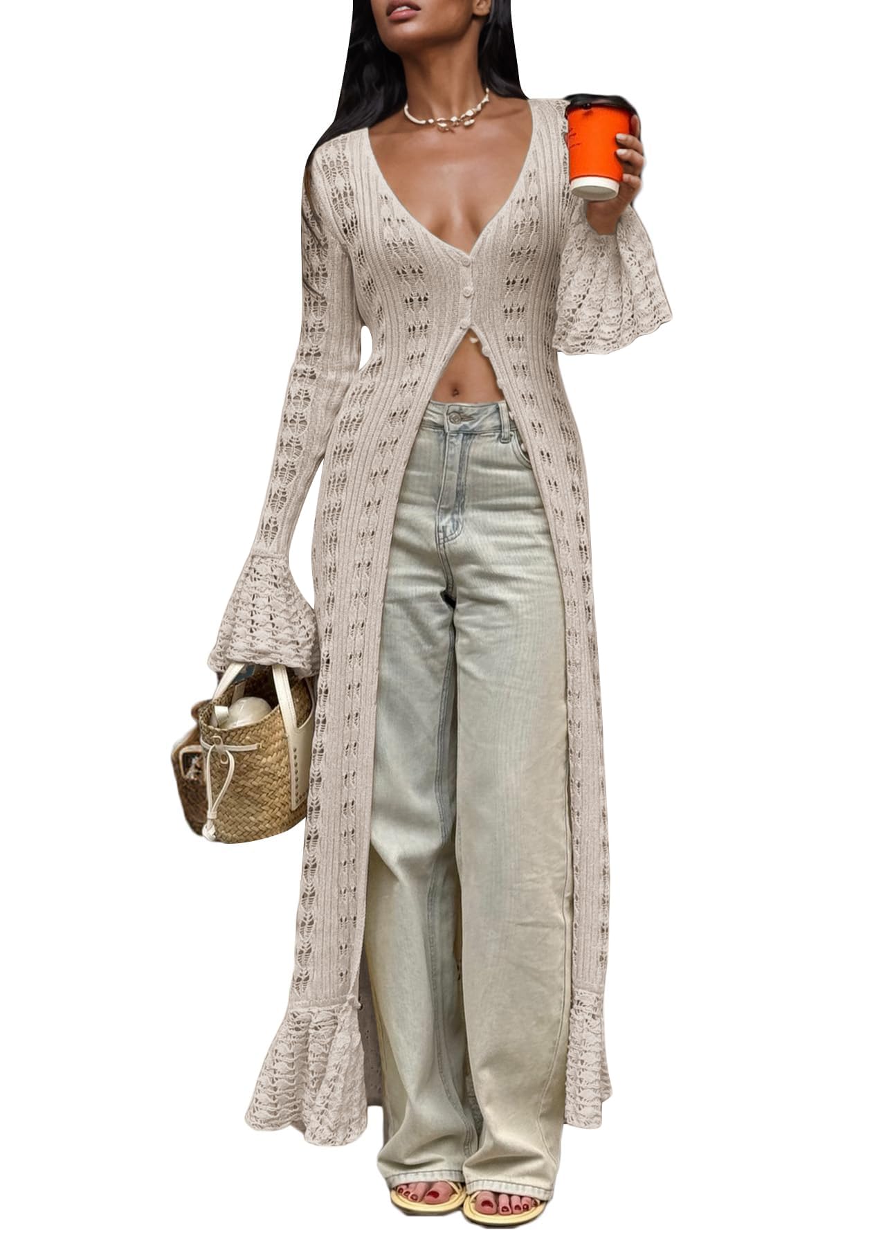 Unybwonn Long Cardigans for Women Crochet Hollow Out Knit Sweater Cover up Maxi Dress Long Sleeve Button Down