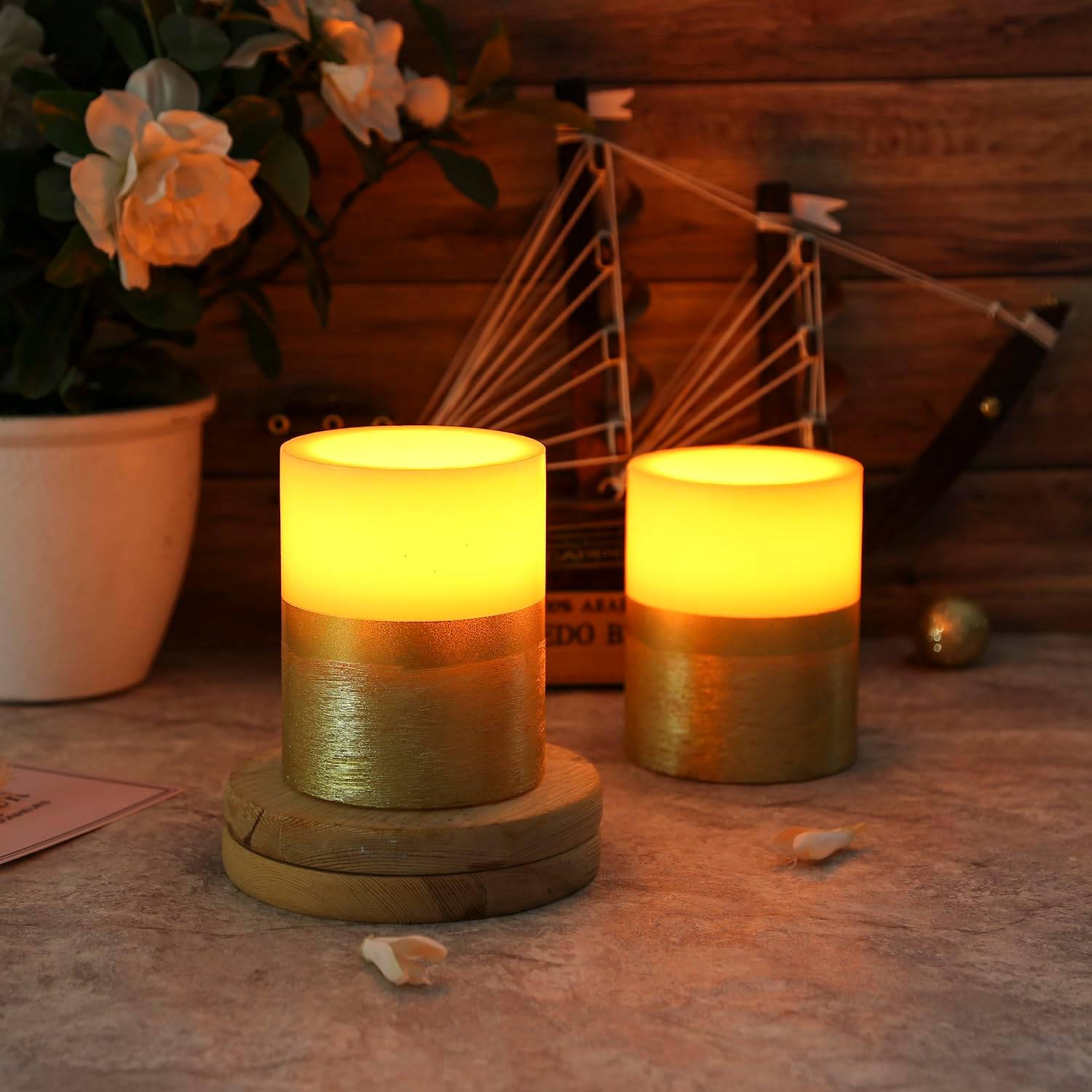 Set of 2 Gold LED Pillar Candle Flickering Flameless Candle with Timer, Home Decoration Party