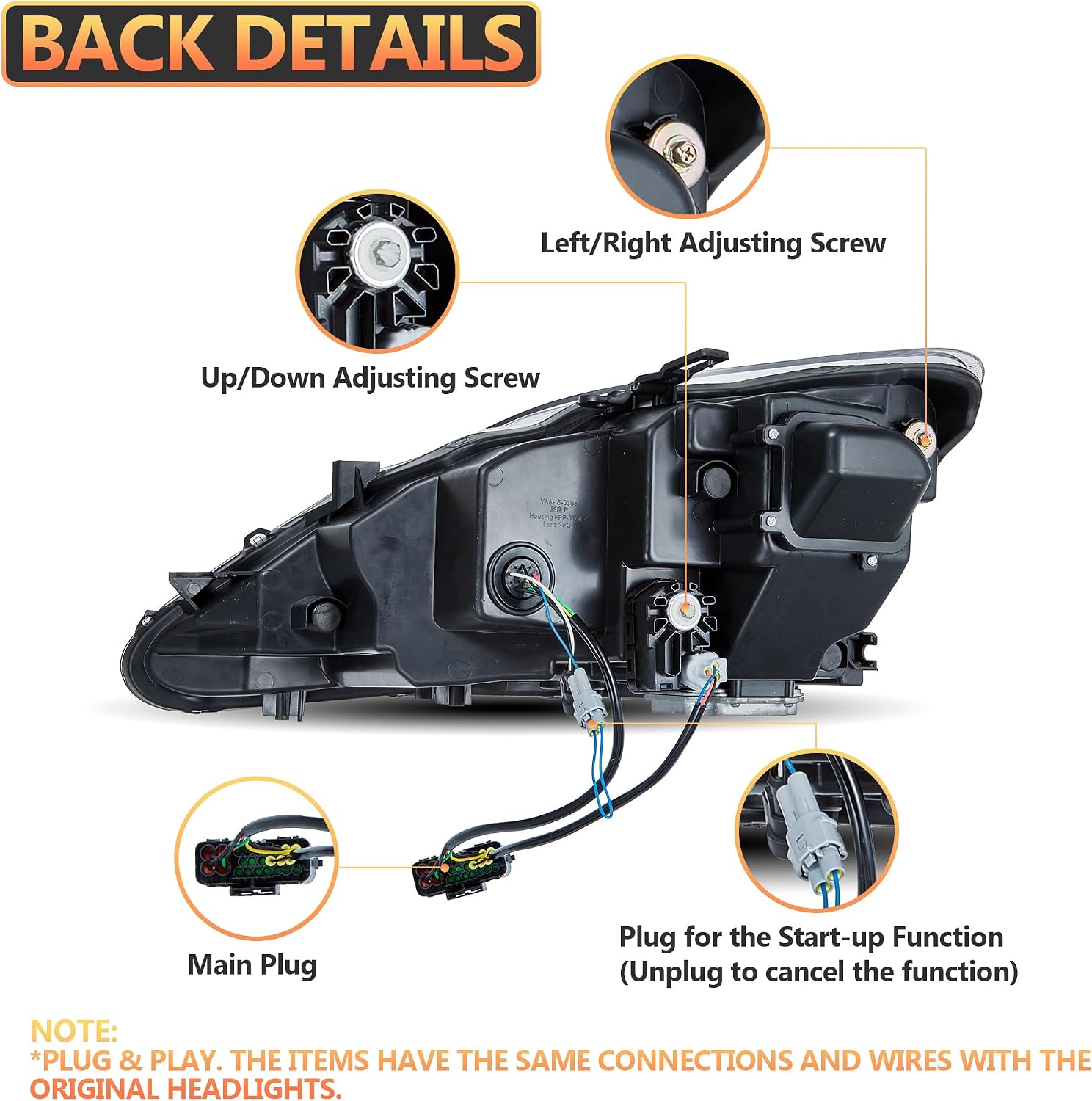 VLAND Headlights for Lexus IS250 IS350 IS220d Seden 2006-2012, IS F 2008-2014, Headlamp Assembly with Dynamic Start up Animation & Sequential Turn Signals, 1 Pair Amber Reflector