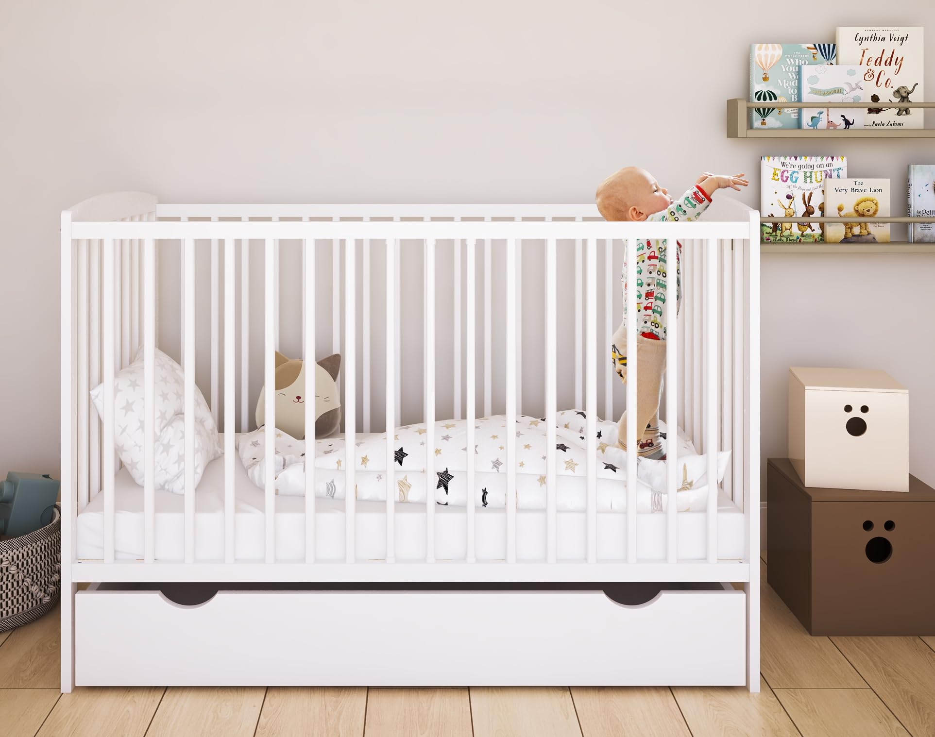 zee Cuna para Bebé 120 x 60 cm Blanca con Cajón y Barandilla de Seguridad Altura Ajustable en 3 Niveles Cuna Infantil de Madera de Pino