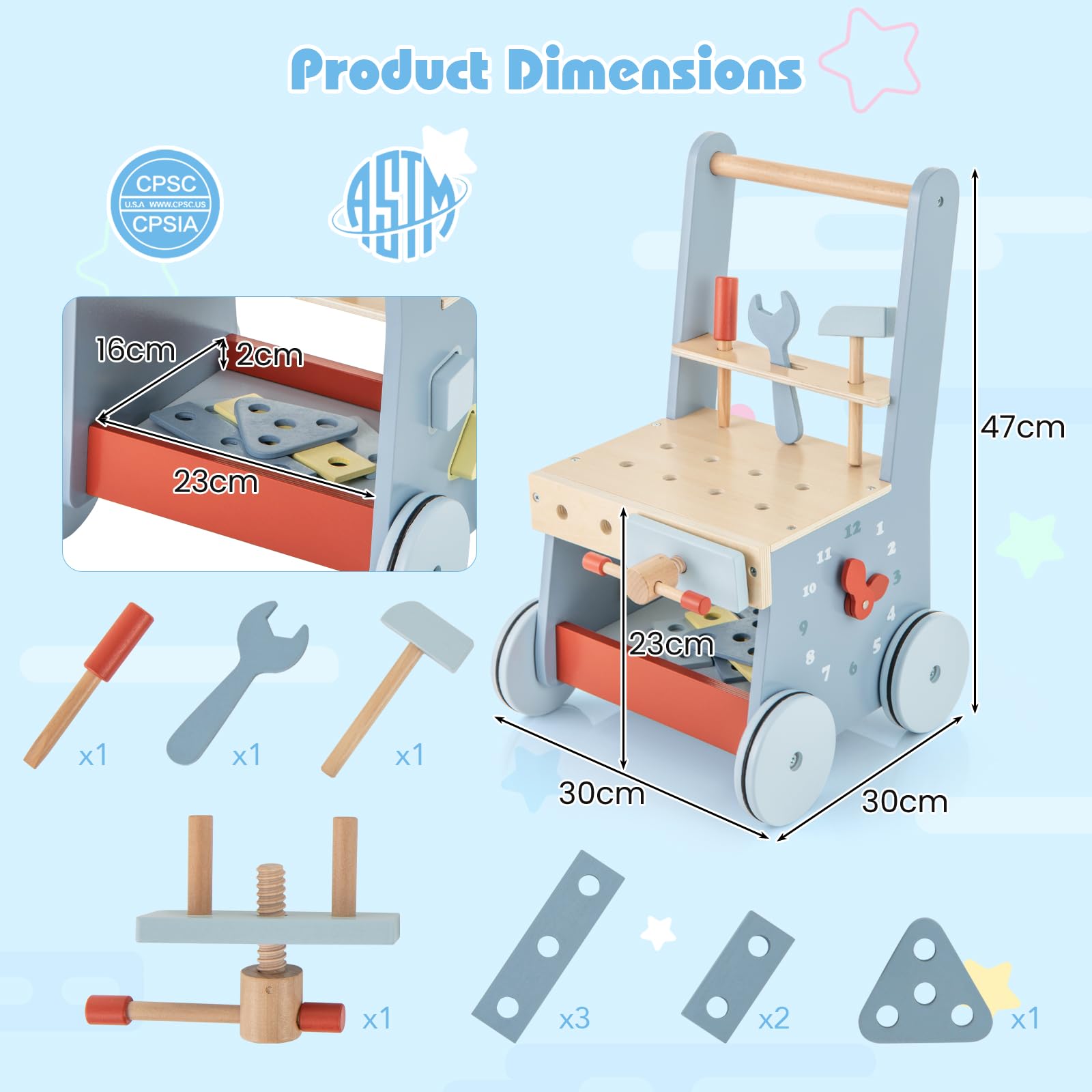 FANTASK Montessori, carrello 2 in 1, girello in legno, tavolo da lavoro per bambini a partire da 1 anno