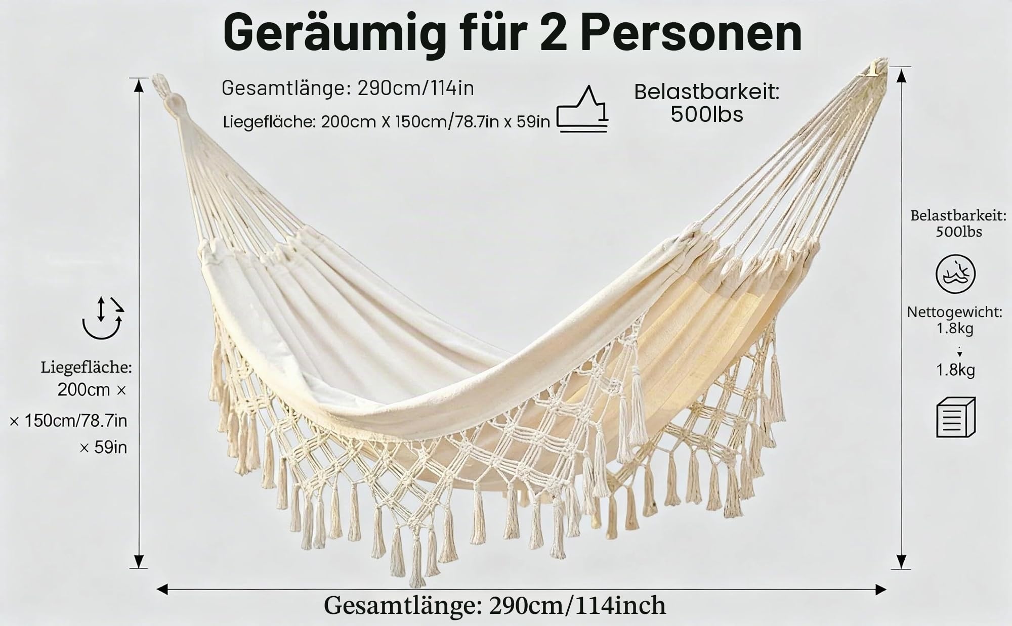 Hängematte für Hause drinnen und draußen Boho Hängematten Makramee DoppelHängematte groß Baumwolle weich für Zwei Personen Terrasse Hinterhof Veranda Rasen und Garten (Weiß,200 cm x 150 cm,200 kg)