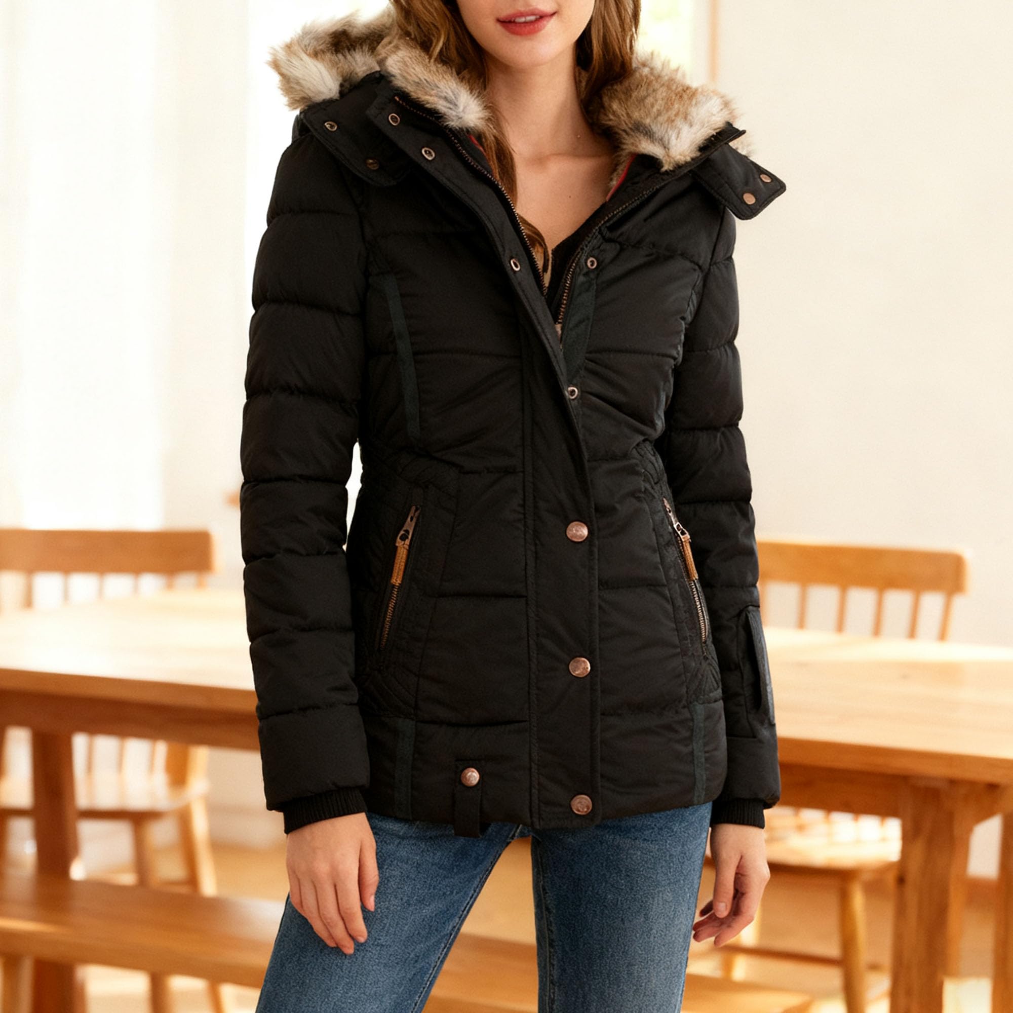 Doudounes chaudes doublées polaire pour femmes, coupe ajustée, manches longues, parkas, fermeture éclair, capuche en fausse fourrure, manteaux d'hiver
