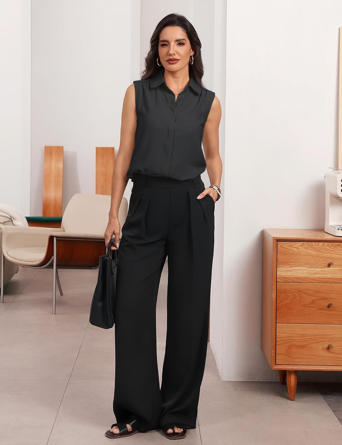 Women's Sleeveless Blouses Elegant Collared Flowy Tops Business Casual Work Wear Summer Office Outfit - Image 4