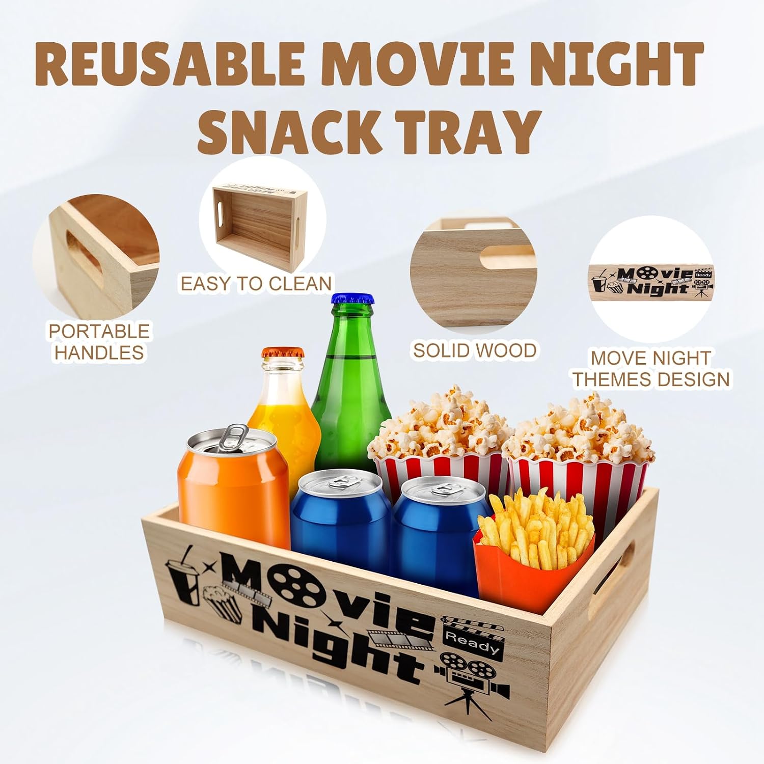 Yamahiko Movie Night Snack Tray with Handles, Reusable Movie Night Snack Trays Basket Box Organizer Supplies for Countertop Storage, Wooden Movie Theater Theme Snack Basket Tray(Wood Movie Night)