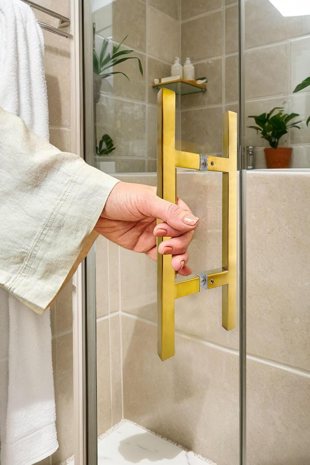 NovaNectar 12in Square Ladder Shower Door Pull Handle, Gold | 304 Stainless Steel Replacement Hardware, H Shape Handles for Sliding Frameless Shower Doors (6'' Hole Spacing)
