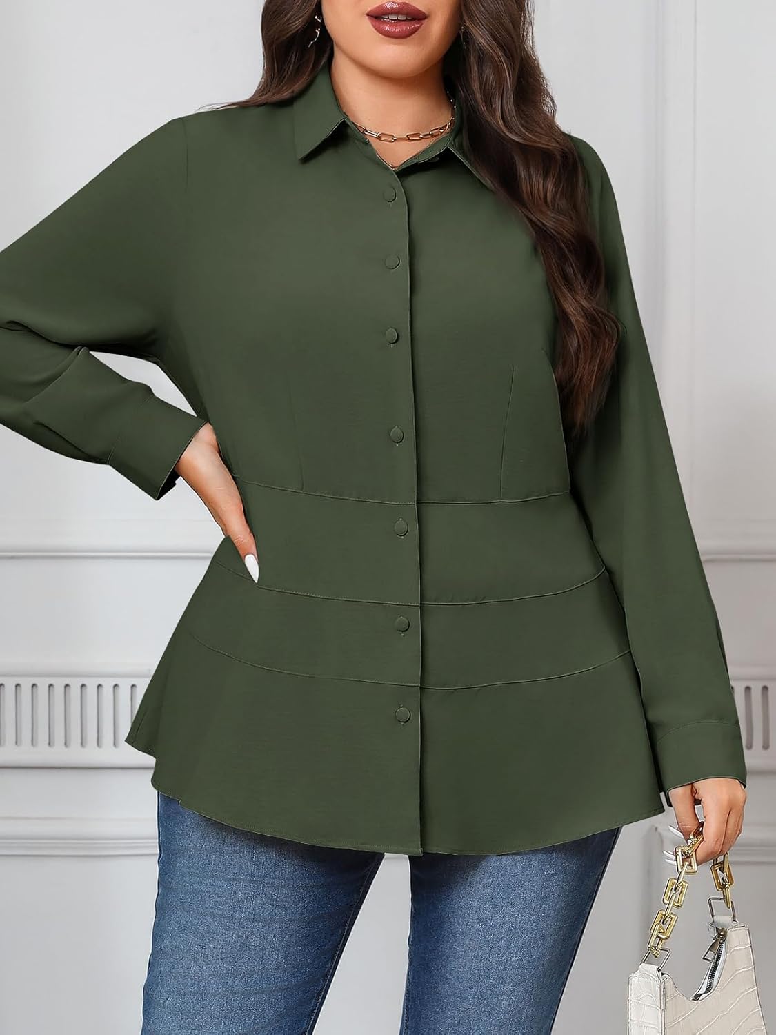 Beautife Women's Plus Size Blouse Dressy Casual Long Sleeve Button Down Shirts V Neck Slimming Peplum Tops Army Green - Image 5