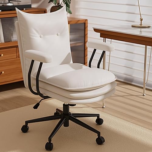 Silla de oficina de cuero blanco con ruedas, asiento ancho de triple capa, altura ajustable, respaldo medio, cómoda silla de escritorio para el