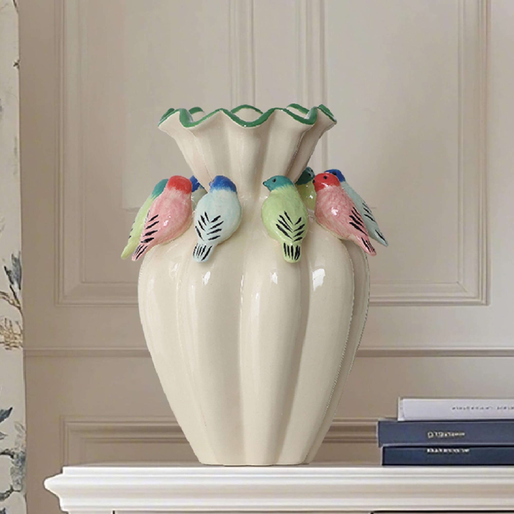 Hometopia Keramikvase Weiß, Moderne Blumenvase groß mit bunten 3D-Vögeln, extravagante Tischvase für Frischblumen, Trockenblumen & Pampasgras, 38,8cm