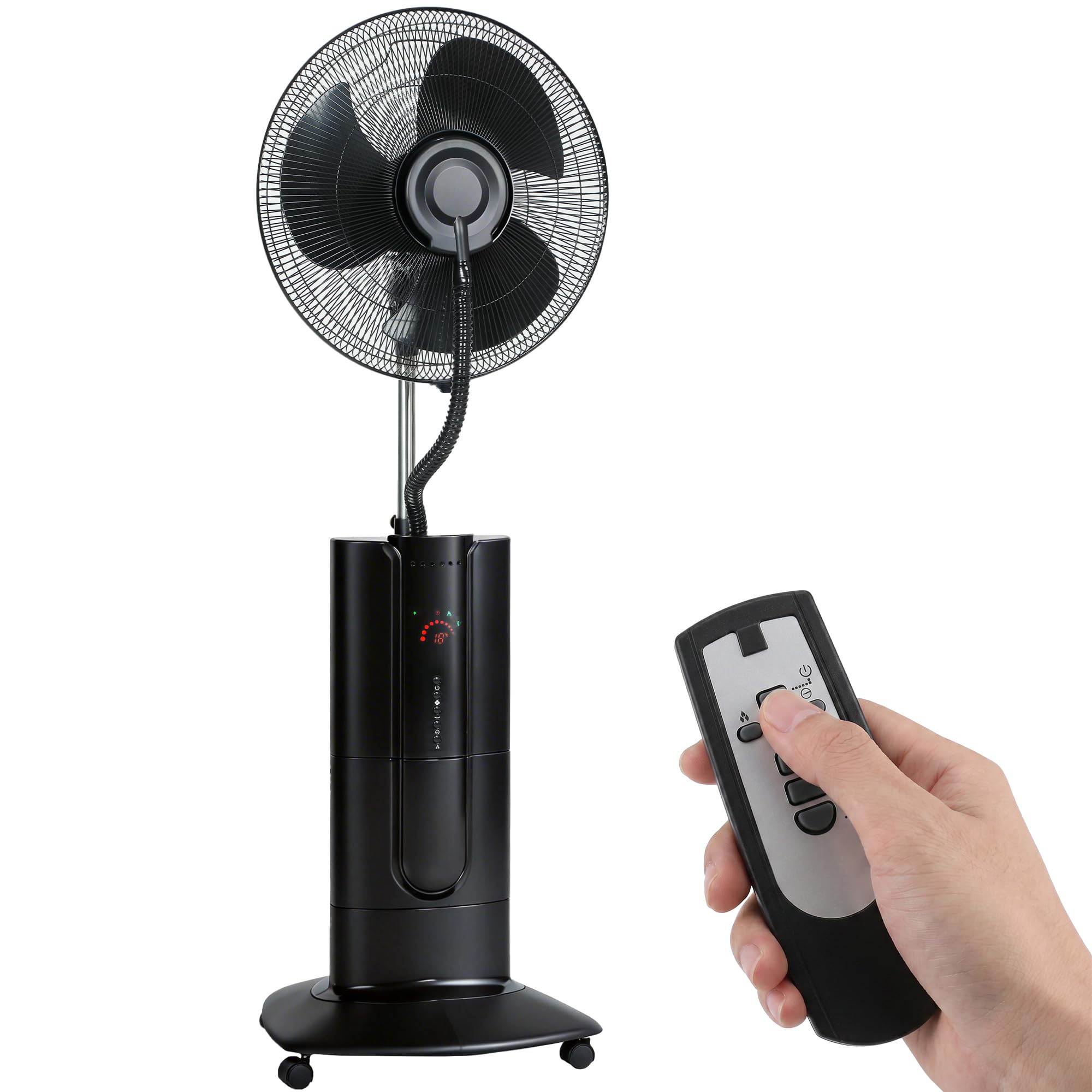 HOMCOM Ventilatore Nebulizzatore Serbatoio 1.5L, Ionizzatore, 3 Modalità, 3 Velocità, Ventilatore a Piantana, Ruote, Oscillazione 120° Inclinazione 20°, Timer 9h, Display LED, Telecomando, 100W, 130cm
