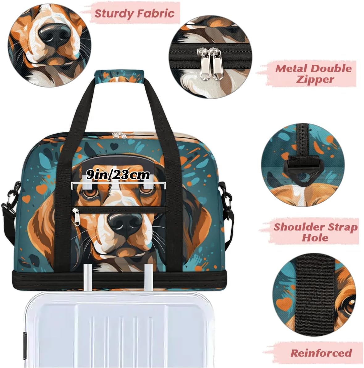 Sports Duffel Bag, Foldable Puppy Dog Travel Duffel Bags, Gym Yoga Beach Bag Weekender Overnight Bag with Shoes Compartment for Men, Dog Print