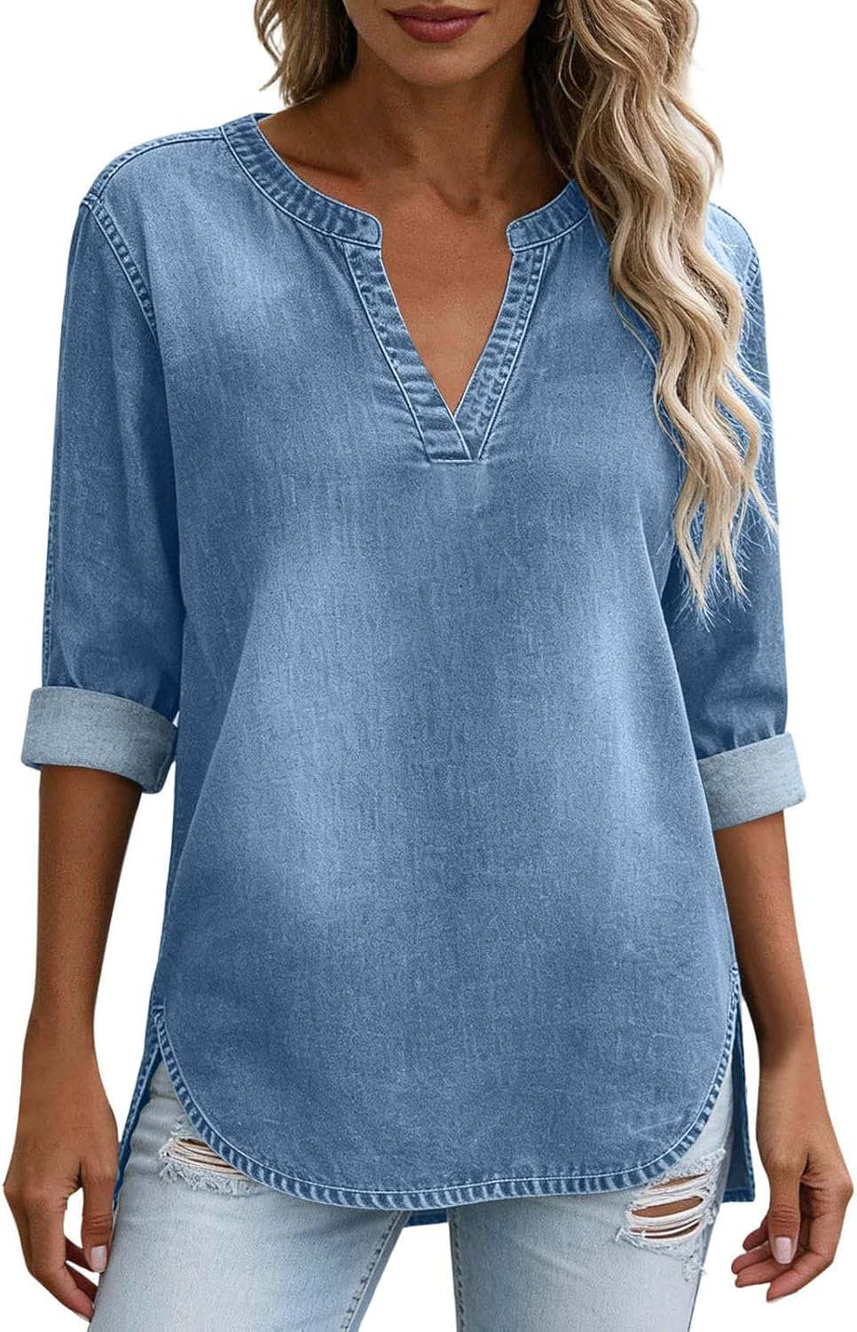 FZYLQY Women's Casual V Neck Chambray Tunic Top - 3/4 Rolled Sleeve Denim Style Blouse, Flowy High Low Hem Summer Shirt