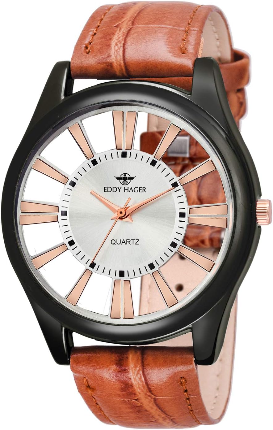 EDDY HAGER EH-155-BR 2-Side Transparent Ultra Thin Mechanical Skeleton Watch - for Men