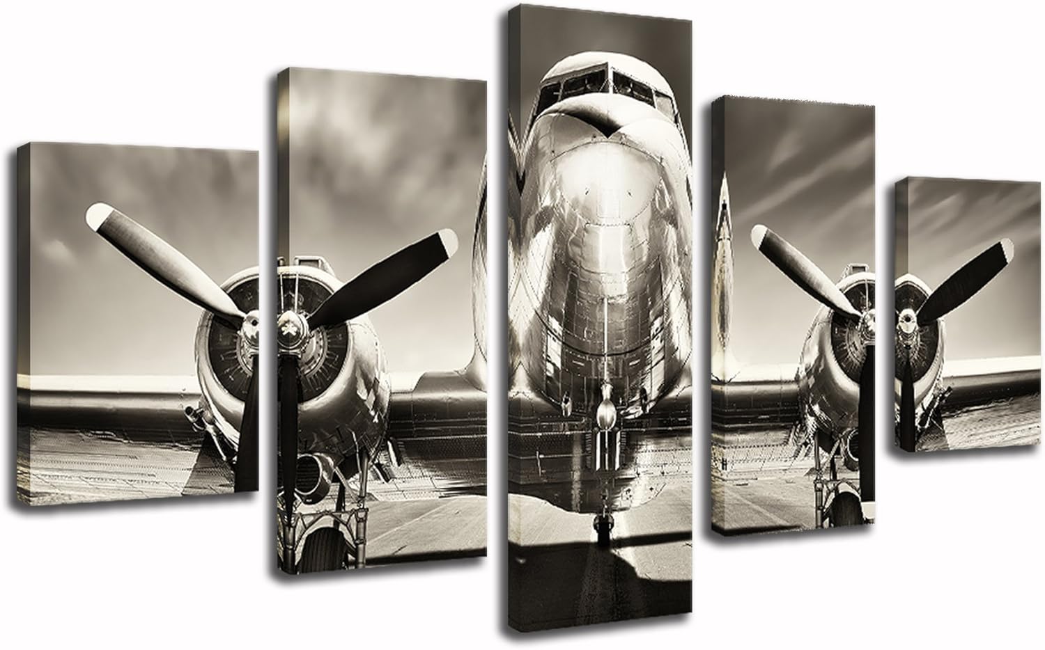 KLVOS – 5 Pieces Vintage Wall Decor Painting Retro Airplane on the Runway Premium Quality Canvas Printed Wall Art Poster with Wooden Frame for Living Room Ready to Hang 32″x60″ in total