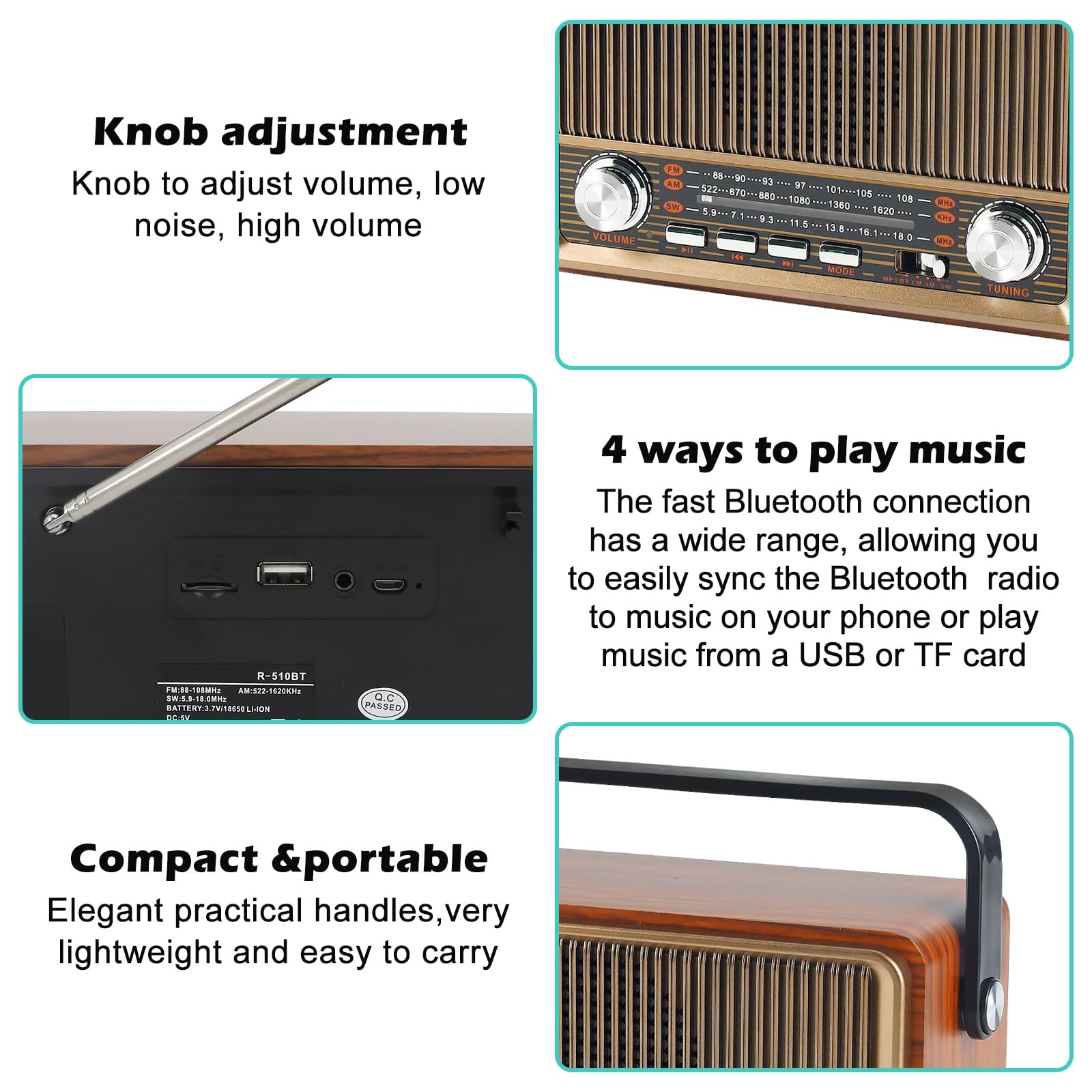 Retro Radio mit Bluetooth, Nostalgie Kofferradio Klein mit AM/FM/SW3, USB/TF/AUX, Wiederaufladbar, Küchenradio, Vintage Radio für Küche, Büro, Outdoor
