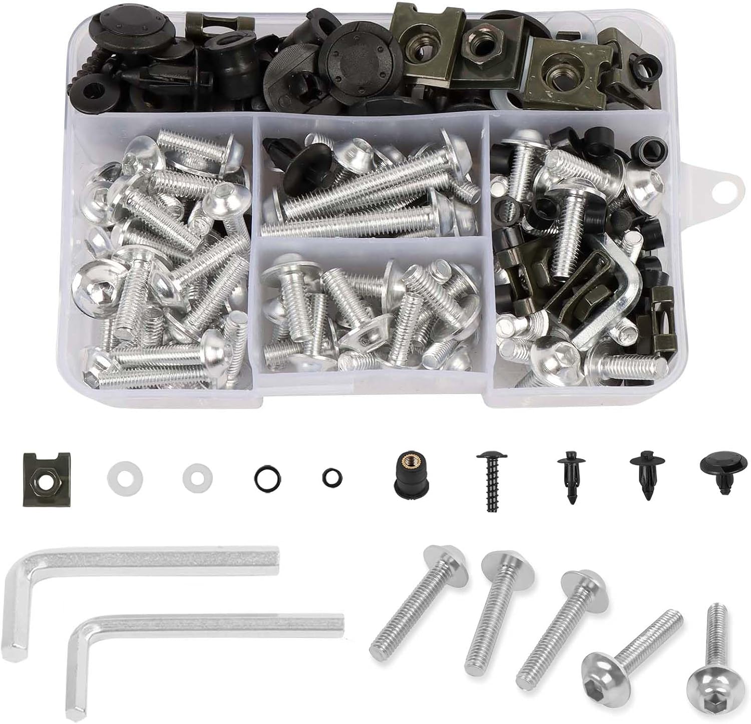 CHIFUN Motorcycle Fairing Bolt Kit Silver M5 M6 Aluminum Screws Assortment Kit Plastic Grommets Nuts Washers Clips Universal for Sport Dirt Bike Bodywork Fairing Windscreen