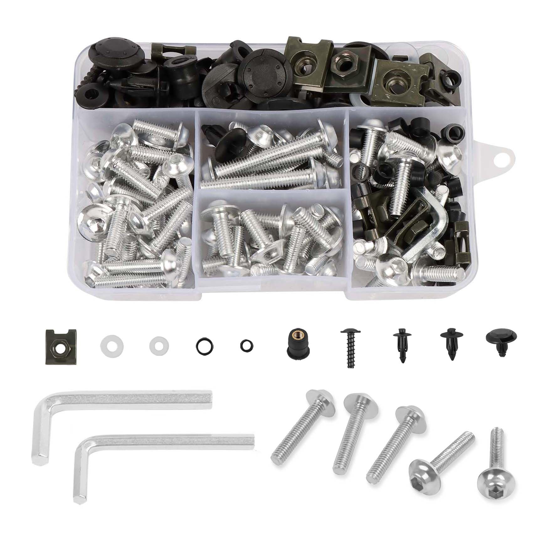 CHIFUN Motorcycle Fairing Bolt Kit Silver M5 M6 Aluminum Screws Assortment Kit Plastic Grommets Nuts Washers Clips Universal for Sport Dirt Bike Bodywork Fairing Windscreen