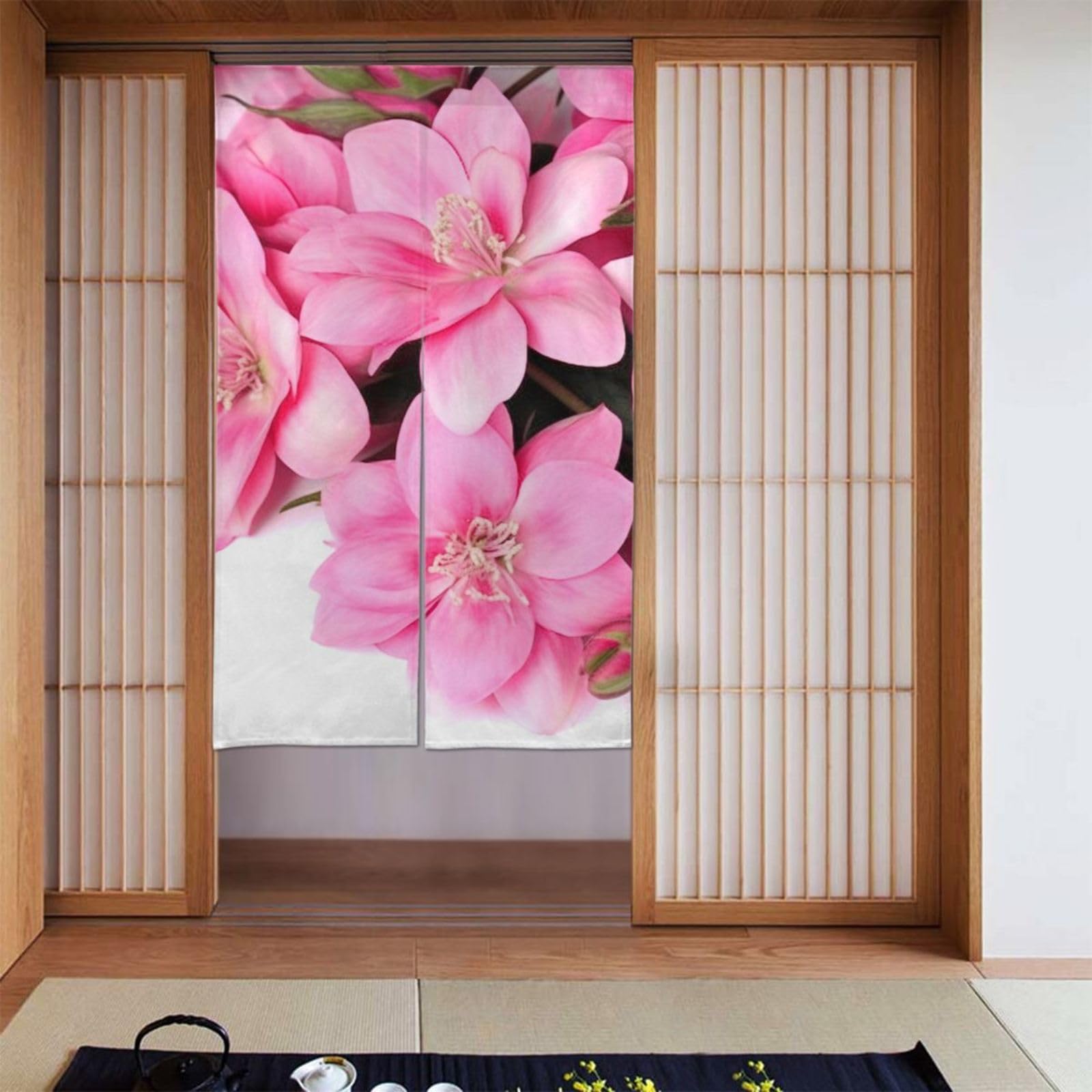 Amazon.co.jp: ピンクの花プリントドアカーテン 日本ののれん 壁掛け