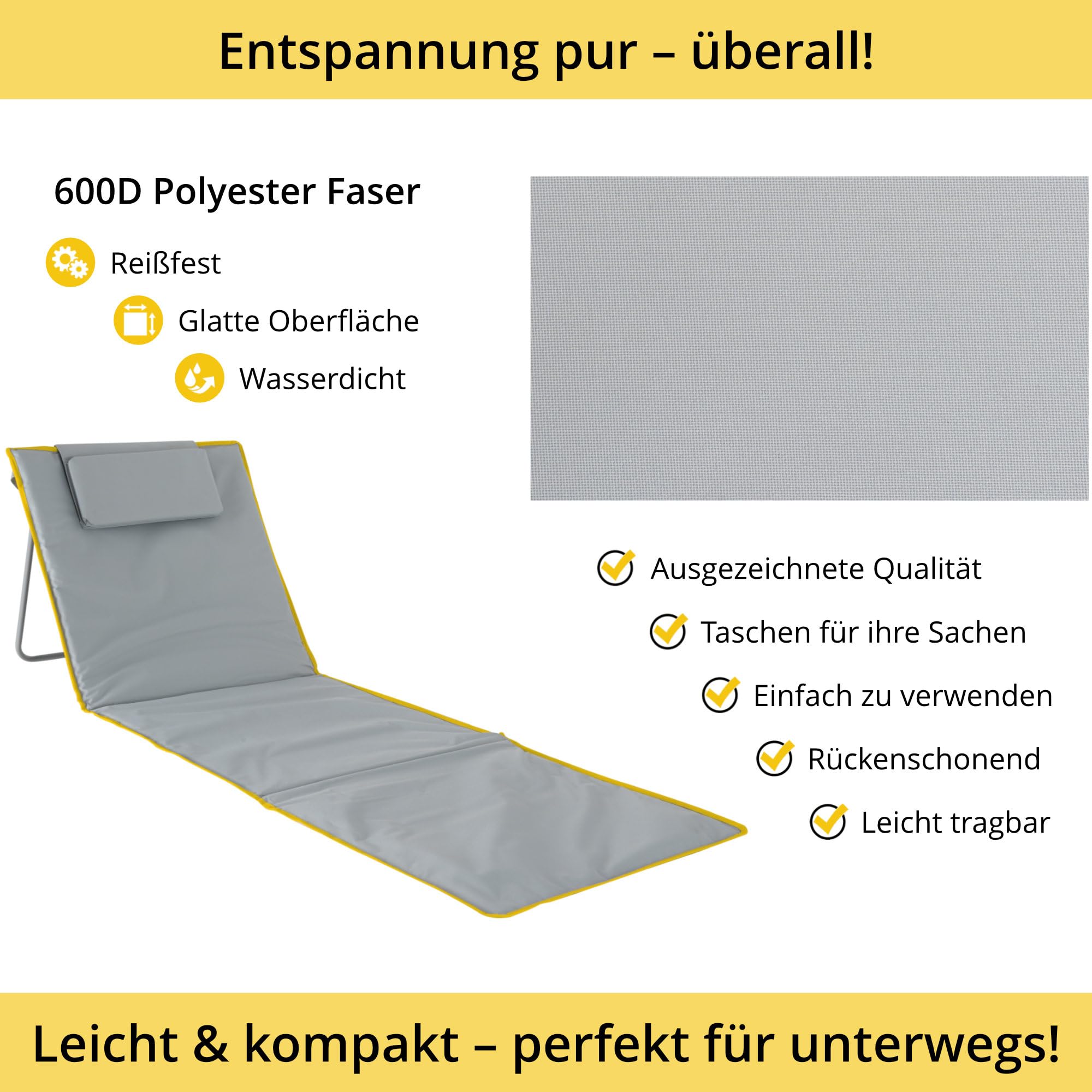 Stagecaptain Beachmatte “Layla” 2X Set - Gepolsterte Strandmatten mit Kopfkissen - Verstellbare Rückenlehne - Aufbewahrungstasche mit Reißverschluss - Leichte Faltbare Strandliege mit Tragegurt