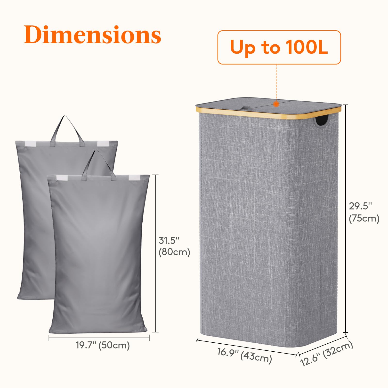 Lifewit 100L Laundry Basket with Lid 2 Compartments, Large Washing Basket with Removable Laundry Bags and Bamboo Handles - Image 4