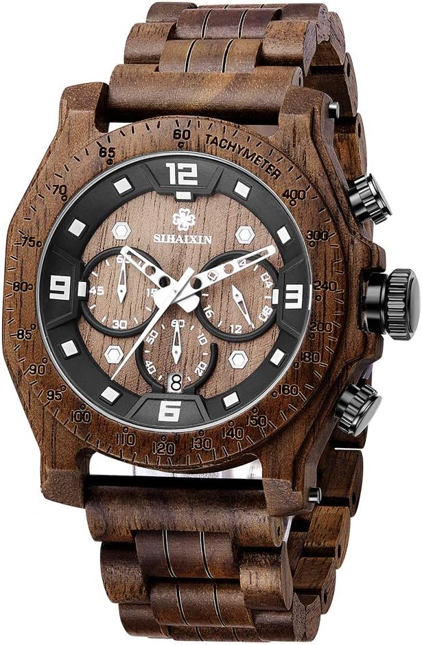 Wood Watches for Men Handmade Watch Wood Band Chronograph & Date Display Quartz Wooden Watch Men