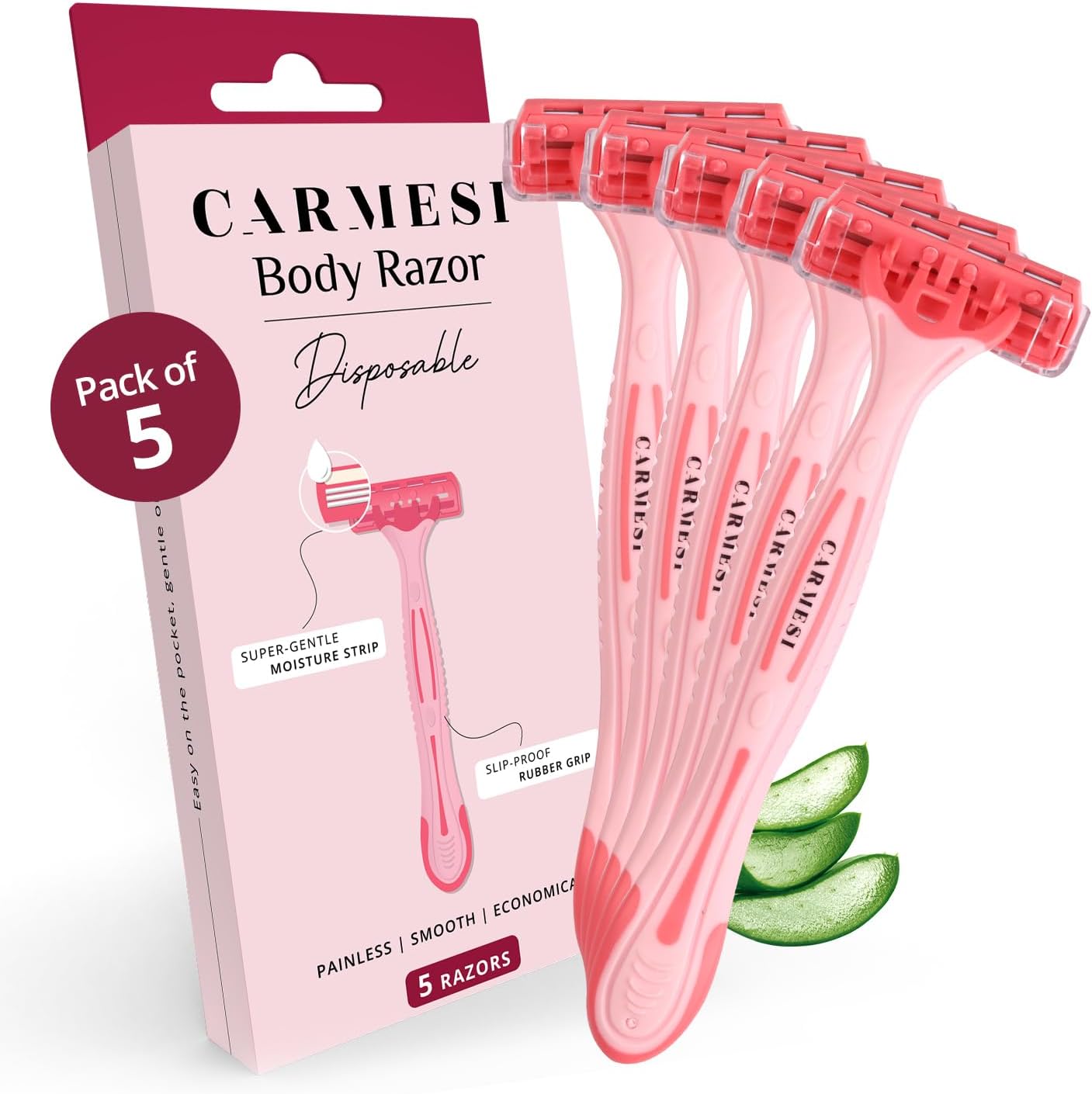 Disposable Body Razors for Women - Pack of 5 | Aloe Vera & Vitamin E Moisture Strip For Smooth & Painless Hair Removal | Slip-Proof Rubber Grip | Safe, Hygienic & Economical