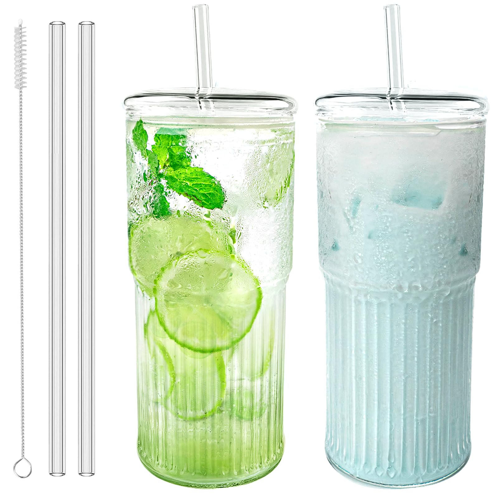 Luiaiog Glass Cups with Lids and Glass Straws, High Borosilicate 20OZ Tumblers (2Pcs) for Coffee, Tea, Juice, Smoothies, Hot/Cold Drinks at Home, Office（Creative Drink Label Design）