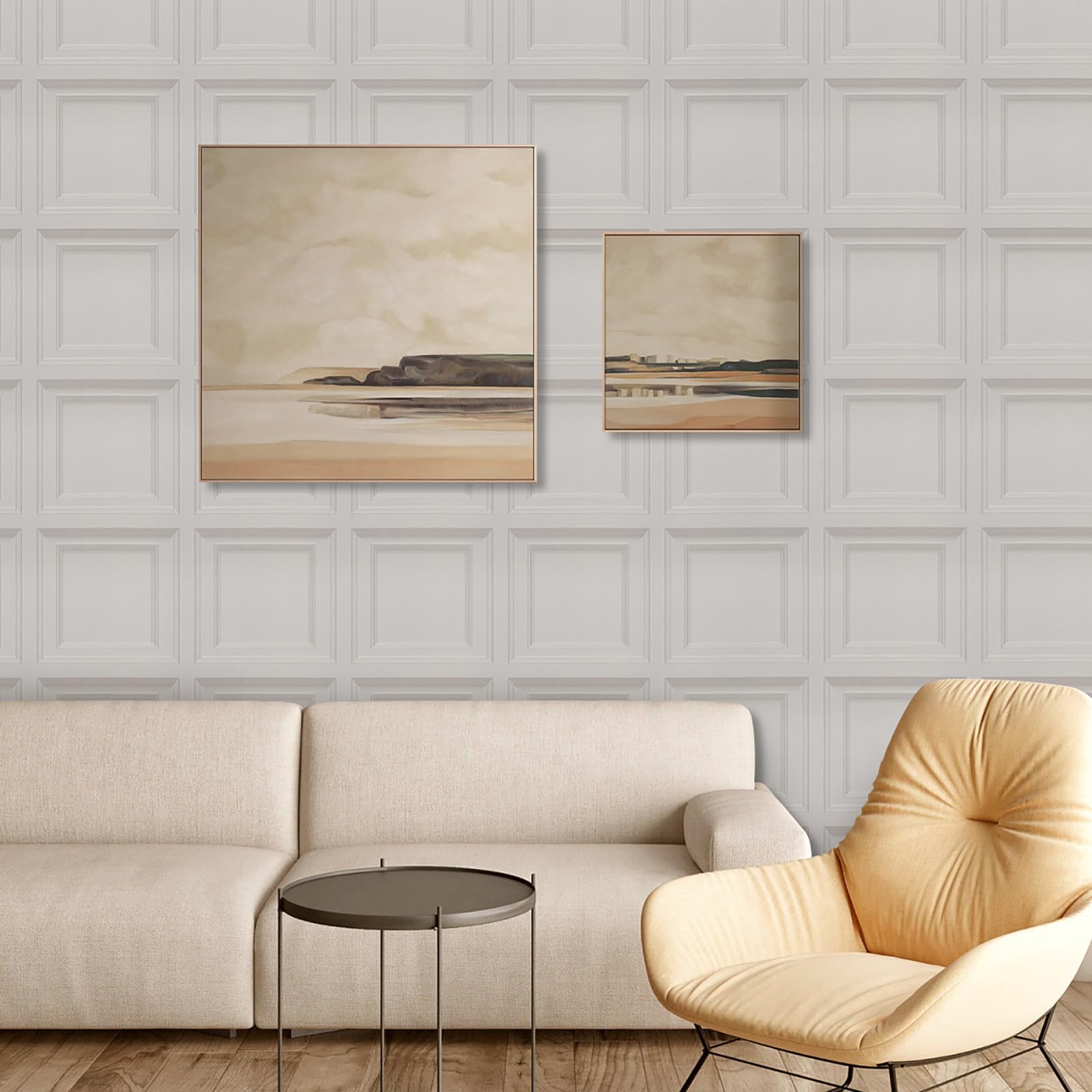 Trafagala 3D Effect Beige Grey Panel Wallpaper Wood Panelling Wallpaper Retro Textured Tartan Wall Paper Roll Neutral Art Deco for Living Room Feature Wall Bedroom Ceilings
